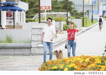 公園を散歩する柴犬と夫婦 54355111