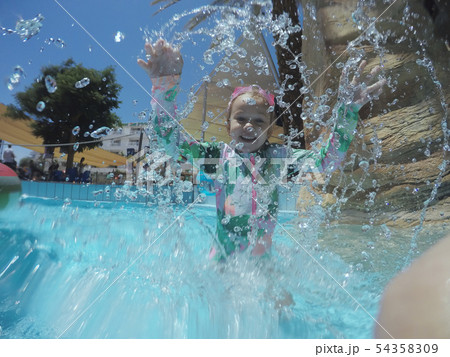 Little girl playing and spraying water in swimming pool outdoors at summer Little girl playing and spraying water in swimming pool outdoors at summer 54358309