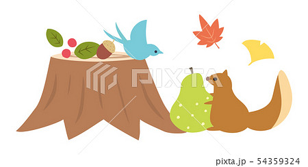 素材 秋 リスと小鳥1のイラスト素材