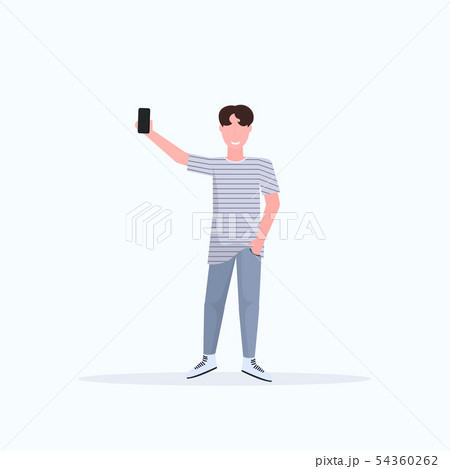 man taking selfie photo on smartphone camera casual male cartoon character posing white background 54360262