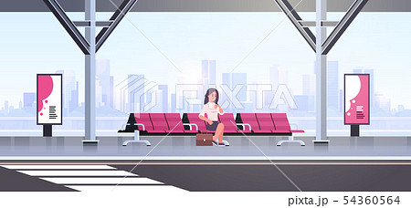 businesswoman sitting modern bus stop business woman with suitcase waiting public transport on 54360564