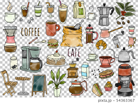 手描きイラスト：コーヒーグッズ　水彩カラー 54363367