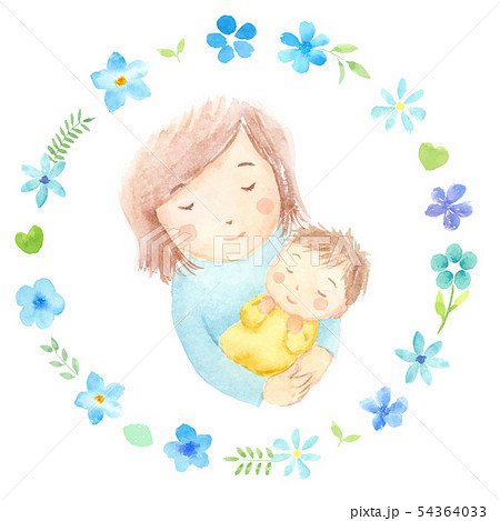 ママと赤ちゃん 花のフレーム　水彩イラスト 54364033