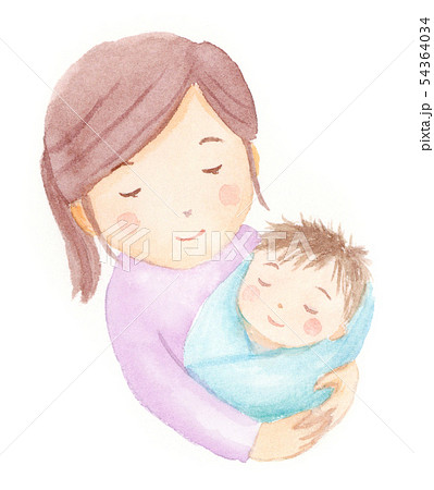 ママと眠っている赤ちゃん　水彩イラスト 54364034