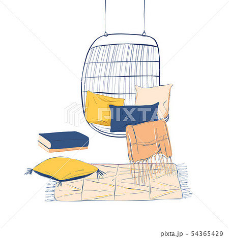Interior home design set hanging chair, pillows, 54365429