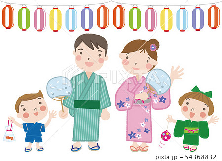 夏まつり 28 ４人家族 親子 イラスト分離タイプのイラスト素材 5436