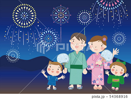 夏まつり_33（４人家族・親子・打ち上げ花火） 54368916