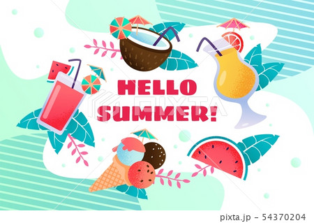 Hello Summer Banner With Ice Cream And Drinksのイラスト素材