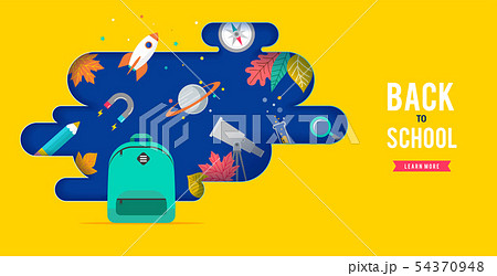 Back to school, backpack with speech bubble and many education icons, elements. Vector concept 54370948
