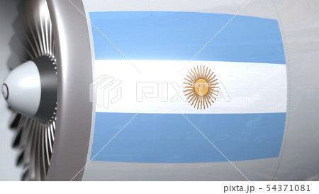 Airplane turbine with flag of Argentina. Argentinean transportation conceptual 3D rendering 54371081