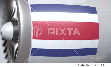 Airplane engine with flag of Costa rica. Costa rican air transportation conceptual 3D rendering 54371159