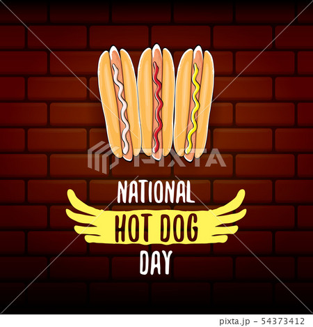 National hot dog day poster with funny cartoon hot dog. Hot dog day label or print for tee. National hot dog day poster with funny cartoon hot dog. Hot dog day label or print for tee. 54373412