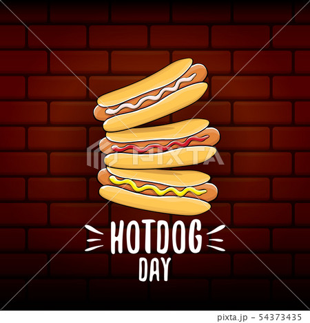 National hot dog day poster with funny cartoon hot dog. Hot dog day label or print for tee. 54373435