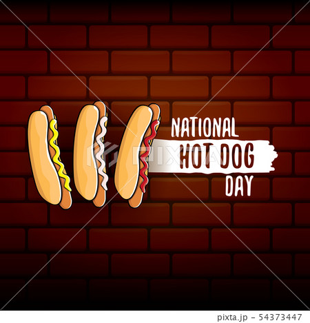 National hot dog day poster with funny cartoon hot dog. Hot dog day label or print for tee. 54373447