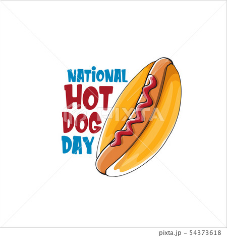 National hot dog day poster with funny cartoon hot dog. Hot dog day label or print for tee isolated 54373618