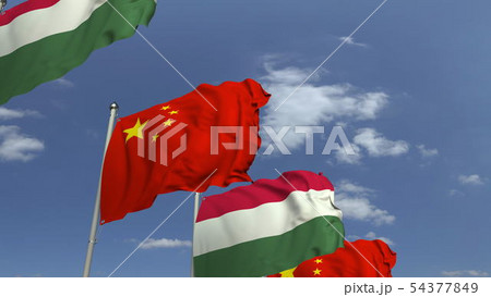 Row of waving flags of Hungary and China, 3D rendering 54377849