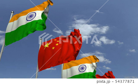 Row of waving flags of India and China, 3D rendering 54377871