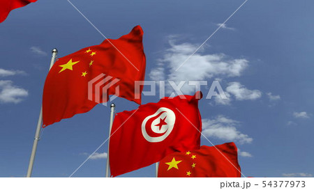 Many flags of Tunisia and China, 3D rendering 54377973