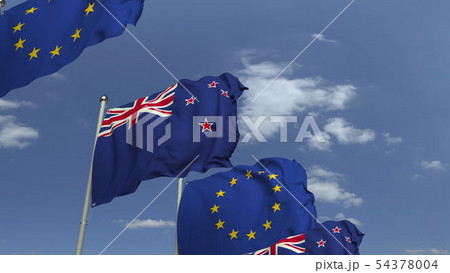 Many flags of New Zealand and the European Union EU, 3D rendering 54378004