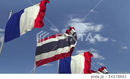 Flags of Thailand and France against blue sky, 3D rendering Flags of Thailand and France against blue sky, 3D rendering 54378661
