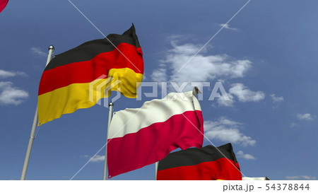 Waving flags of Poland and Germany, 3D rendering 54378844