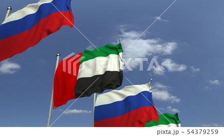 Flags of the UAE and Russia at international meeting, 3D rendering 54379259