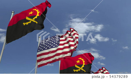 Waving flags of Angola and the USA, 3D rendering 54379289
