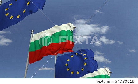Row of waving flags of Bulgaria and the European Union EU, 3D rendering Row of waving flags of Bulgaria and the European Union EU, 3D rendering 54380019