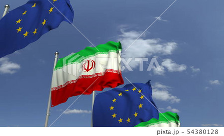 Waving flags of Iran and the EU on sky background, 3D rendering 54380128