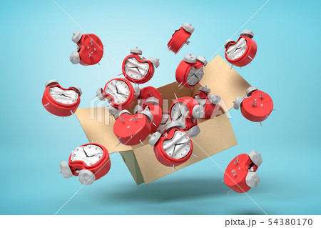 3d rendering of cardboard box in air full of bent deformed alarm clocks which are flying out and 3d rendering of cardboard box in air full of bent deformed alarm clocks which are flying out and 54380170