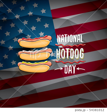 National hot dog day poster with funny cartoon hot dog. Hot dog day label or print for tee isolated National hot dog day poster with funny cartoon hot dog. Hot dog day label or print for tee isolated 54381012