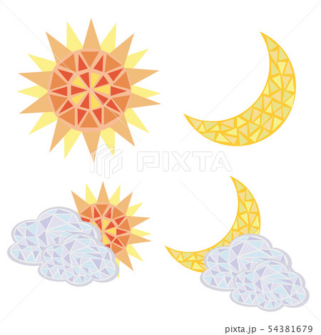 モザイク画風 太陽と月と雲がかかった太陽と月のセット01のイラスト素材
