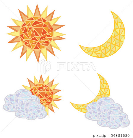 モザイク画風 太陽と月と雲がかかった太陽と月のセット02のイラスト