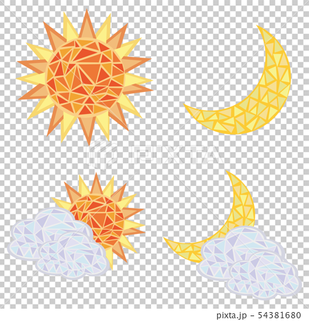 モザイク画風 太陽と月と雲がかかった太陽と月のセット02のイラスト素材