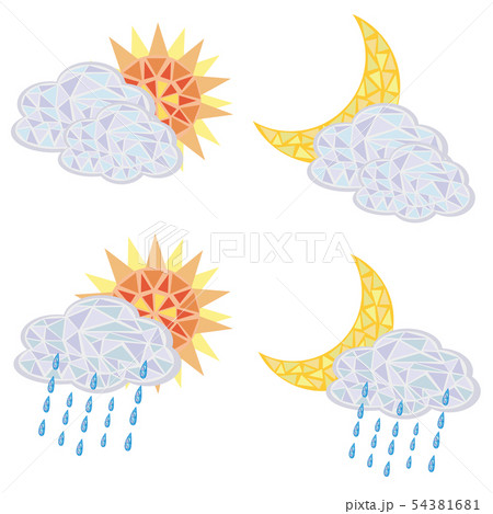 モザイク画風 雲と雨雲がかかった太陽と月のセット01のイラスト素材