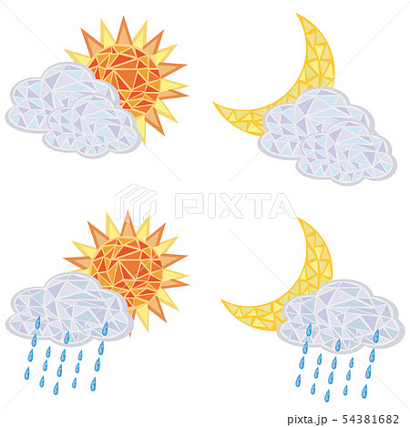 モザイク画風 雲と雨雲がかかった太陽と月のセット02のイラスト素材