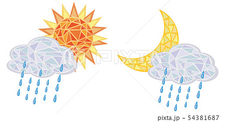 モザイク画風 雨雲がかかった太陽と月のセット02のイラスト素材