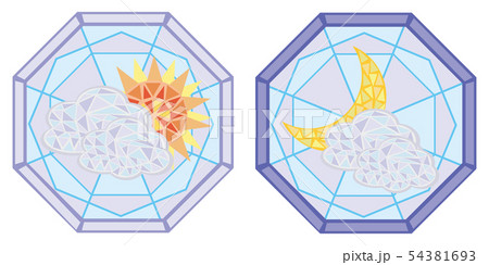 ステンドグラス風:雲がかかった太陽と月のセット01 54381693
