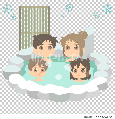 冬の温泉に浸かる家族のイラストのイラスト素材