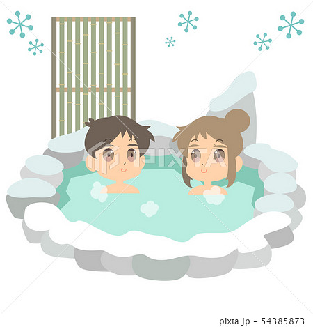 夫婦で冬の温泉に入っているイラストのイラスト素材