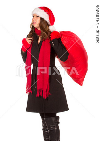 Sexy santa girl with a big bag of gifts on white background Sexy santa girl with a big bag of gifts on white background 54389306