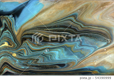 Blue and gold marbling pattern. Golden powder marble liquid texture. Blue and gold marbling pattern. Golden powder marble liquid texture. 54390999