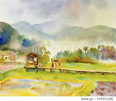 Painting Watercolor Landscape Of Happy Family In - Stock Illustration [54391186] - Pixta