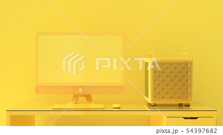 Yellow computer on work desk. Yellow computer on work desk. 54397682