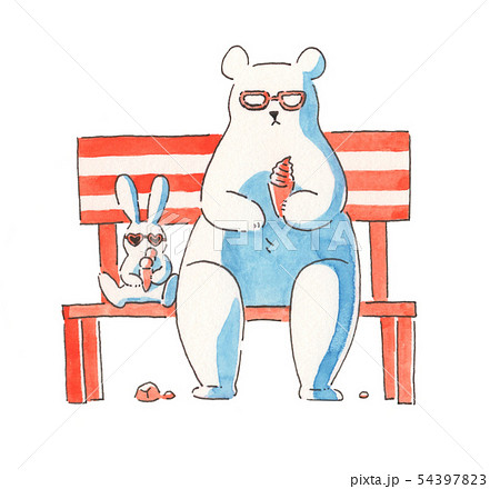 アイスを食べるシロクマとウサギのイラストのイラスト素材 54397823
