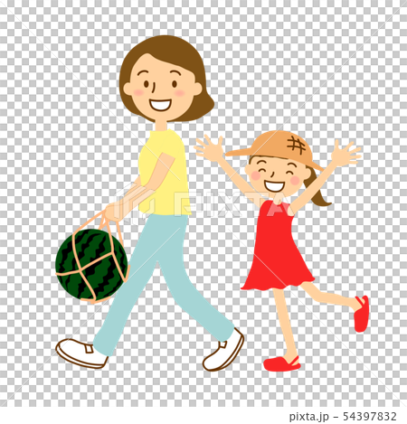 夏スイカを持つ帽子無女性と女の子 夏スイカを持つ帽子無女性と女の子 54397832