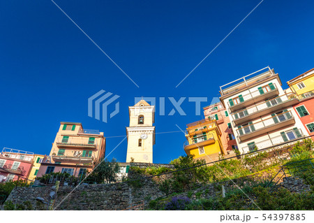 Historic building with bell tower in Manarola. Historic building with bell tower in Manarola. 54397885