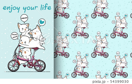 Seamless Kawaii Cat Is Riding A Bicycle With Frienのイラスト素材