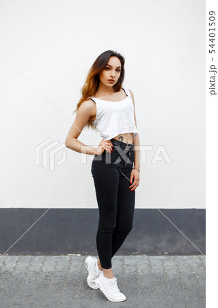 Stylish beautiful girl in a white top T-shirt 54401509