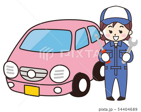 自動車整備士の女性と軽自動車 のイラスト素材